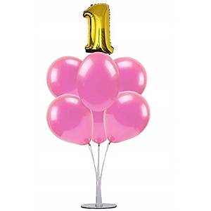 Pembe 1 Ya� Balonlu Balon Stand� - 1 Adet Stand ve 10 Adet Metalik Balon ve 50 cm Folyo Balon
