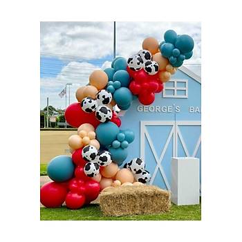 �nek Desenli Balonlu Mavi Somon K�rm�z� Balon Zinciri Seti 103'l� �iftlik Konsept Jumbo Balon Dahil