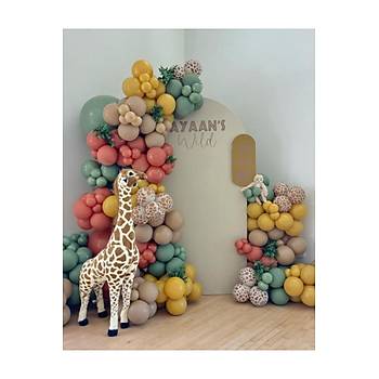 Z�rafa Desenli Balonlu Deniz Kumu  Hardal Ye�il Clay Pink Retro Balon Zinciri Seti 100'l�