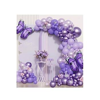 Mor lila tonlar� mor folyo kelebek balonlu balon zinciri seti 101 li