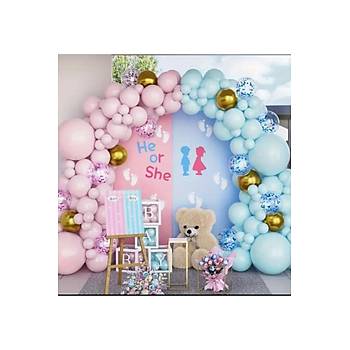 Makaron Pale Pink ve Baby Blue Pembe Mavi Cinsiyet Balon Zinciri Seti 103'l� Jumbo Balon Dahil