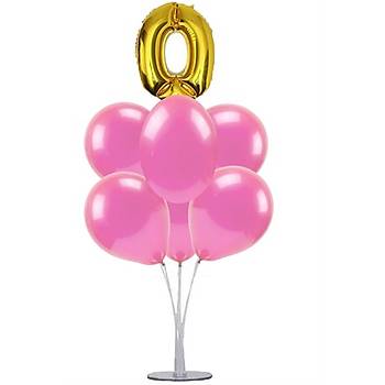 Pembe 0 Ya Balonlu Balon Stand - 1 Adet Stand ve 10 Adet Metalik Balon ve 50 cm Folyo Balon