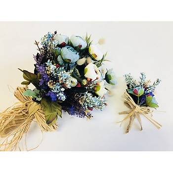 Mavi Gelin iei Buketi ve Yaka iei