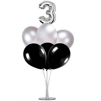 Siyah Gümüþ 3 Yaþ Balonlu Balon Standý - 1 Adet Stand ve 10 Adet Metalik Balon ve 50 cm Folyo Balon