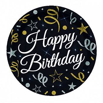 Siyah Happy Birthday Karton Tabak 8'li
