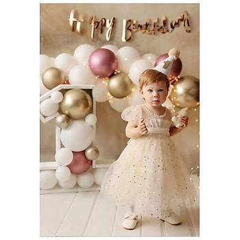 Pembe Gold Krom Retro White Balon Zinciri Seti 100'l� ve Rose Happy Birthday Yaz�s�