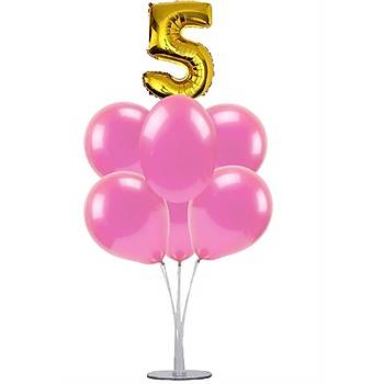 Pembe 5 Yaş Balonlu Balon Standı - 1 Adet Stand ve 10 Adet Metalik Balon ve 50 cm Folyo Balon