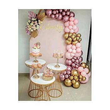 Makaron pembe krom gold ve pembe balon zinciri seti 100 l�