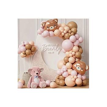 Karamel Kahve Pembe Balon Zinciri Seti 101'li Ay� Kafas� Folyo Balonlu