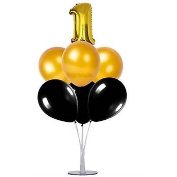 Siyah Gold 1 Yaþ Balonlu Balon Standý - 1 Adet Stand ve 10 Adet Metalik Balon ve 50 cm Folyo Balon