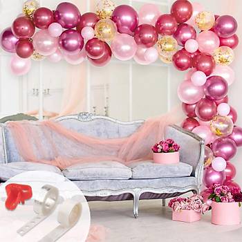 Krmz Pembe Balon Zinciri - 100 Adet Balon , 5 mt Zincir Aparat ve Balon Pompas