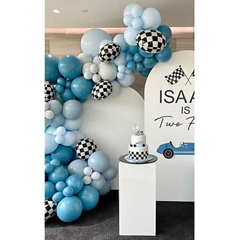 Mavi Tonlar Dama Desenli Folyo Balonlu Balon Zinciri Seti 103'l