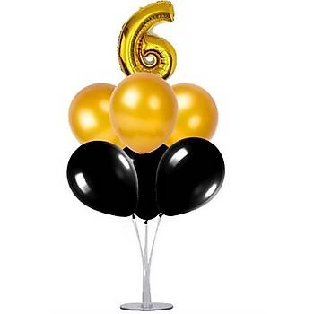 Siyah Gold 6 Yaþ Balonlu Balon Standý - 1 Adet Stand ve 10 Adet Metalik Balon ve 50 cm Folyo Balon