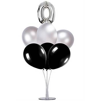 Siyah Gümüş 0 Yaş Balonlu Balon Standı - 1 Adet Stand ve 10 Adet Metalik Balon ve 50 cm Folyo Balon