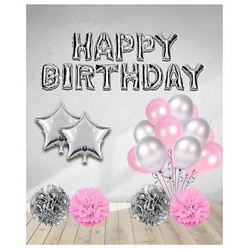 Pembe Happy Birthday Balonlu Set