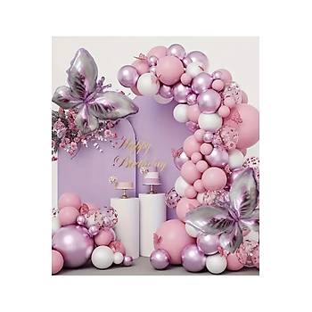 Pembe Beyaz Balon Zinciri Seti 101 Par�a Kelebek Folyo Balon Dahil 1 Adet