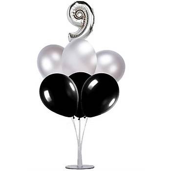 Siyah Gm 9 Ya Balonlu Balon Stand - 1 Adet Stand ve 10 Adet Metalik Balon ve 50 cm Folyo Balon