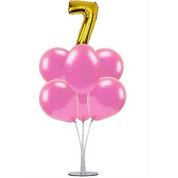 Pembe 7 Ya Balonlu Balon Stand - 1 Adet Stand ve 10 Adet Metalik Balon ve 50 cm Folyo Balon