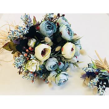 Mavi Gelin iei Buketi ve Yaka iei