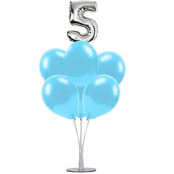 Mavi 5 Ya Balonlu Balon Stand - 1 Adet Stand ve 10 Adet Metalik Balon ve 50 cm Folyo Balon