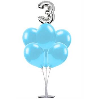 Mavi 3 Ya Balonlu Balon Stand - 1 Adet Stand ve 10 Adet Metalik Balon ve 50 cm Folyo Balon
