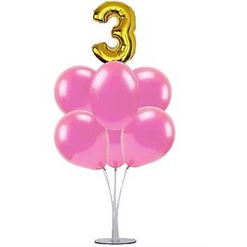 Pembe 3 Ya Balonlu Balon Stand - 1 Adet Stand ve 10 Adet Metalik Balon ve 50 cm Folyo Balon