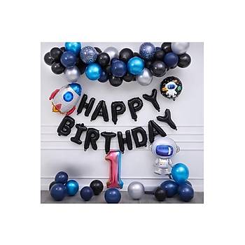 Lacivert Mavi Balon Zinciri Seti Uzay Konsept Folyo Balonlu 55 para