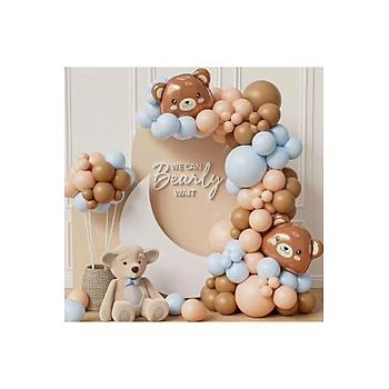 Karamel Kahve Mavi Balon Zinciri Seti 101'li Ay� Kafas� Folyo Balonlu