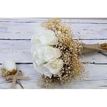 Krem Lale Gelin Buketi ve Yaka iei