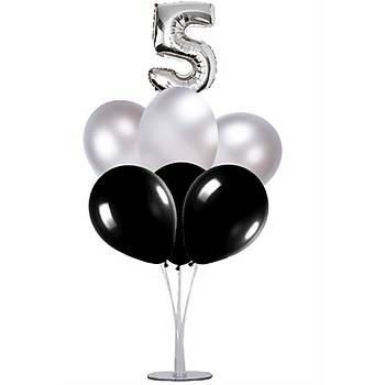 Siyah Gm 5 Ya Balonlu Balon Stand - 1 Adet Stand ve 10 Adet Metalik Balon ve 50 cm Folyo Balon