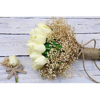 Islak Lale Gelin Buketi ve Damat Yaka iei