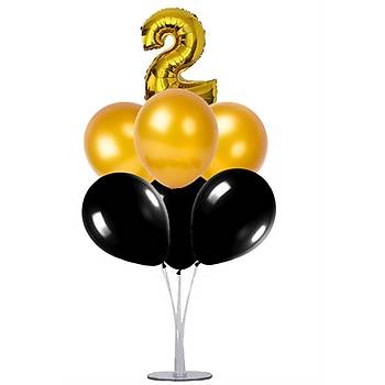 Siyah Gold 2 Ya Balonlu Balon Stand - 1 Adet Stand ve 10 Adet Metalik Balon ve 50 cm Folyo Balon