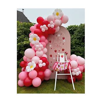 Pembe K�rm�z� Balon Zinciri Seti Papatya Folyo Balonlu 63'l�