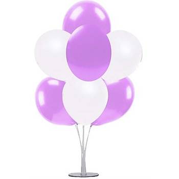 Lila Beyaz Balonlu Balon Stand - 1 Adet Stand ve 10 Adet Metalik Balon