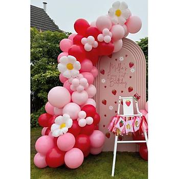 Pembe K�rm�z� Balon Zinciri seti 103 l� Papatya Folyo Balon Dahil