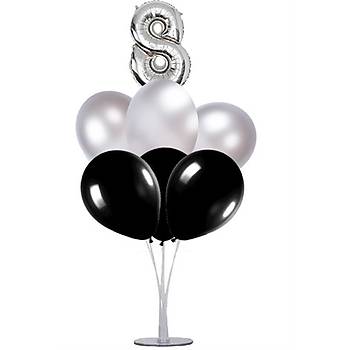 Siyah Gm 8 Ya Balonlu Balon Stand - 1 Adet Stand ve 10 Adet Metalik Balon ve 50 cm Folyo Balon
