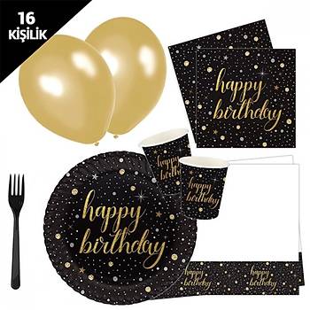Siyah Happy Birhday Tabak Bardak Doum Gn Seti 16'l