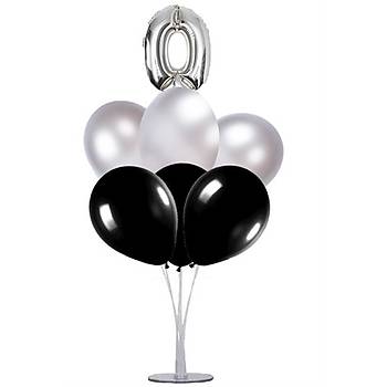 Siyah Gm 0 Ya Balonlu Balon Stand - 1 Adet Stand ve 10 Adet Metalik Balon ve 50 cm Folyo Balon