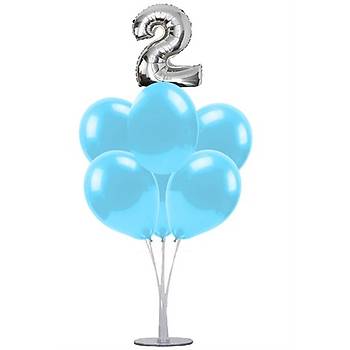 Mavi 2 Yaþ Balonlu Balon Standý - 1 Adet Stand ve 10 Adet Metalik Balon ve 50 cm Folyo Balon