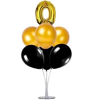 Siyah Gold 0 Yaş Balonlu Balon Standı - 1 Adet Stand ve 10 Adet Metalik Balon ve 50 cm Folyo Balon