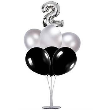 Siyah Gm 2 Ya Balonlu Balon Stand - 1 Adet Stand ve 10 Adet Metalik Balon ve 50 cm Folyo Balon