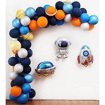 Folyo Balonlu Uzay Konsept Balon Zinciri - 100 Adet Balon , 5 mt Zincir Aparat ve Balon Pompas