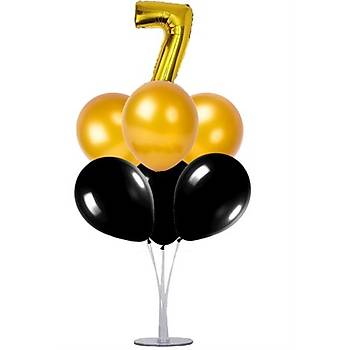 Siyah Gold 7 Yaþ Balonlu Balon Standý - 1 Adet Stand ve 10 Adet Metalik Balon ve 50 cm Folyo Balon