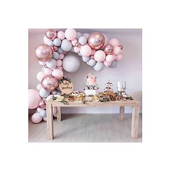 Krom rose makaron pembe ve gri balon zinciri seti 105 adet balon ve zincir