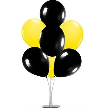 Sarý Siyah Balonlu Balon Standý - 1 Adet Stand ve 10 Adet Metalik Balon
