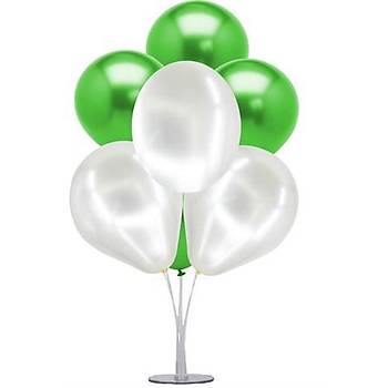 Yeşil Beyaz Balonlu Balon Standı - 1 Adet Stand ve 10 Adet Metalik Balon