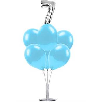Mavi 7 Yaþ Balonlu Balon Standý - 1 Adet Stand ve 10 Adet Metalik Balon ve 50 cm Folyo Balon