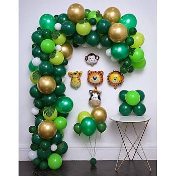 Safari Yeil Balon Zinciri - 100 Adet Balon , 5 mt Zincir Aparat, 5'li Folyo Kafalar ve Balon Pompas