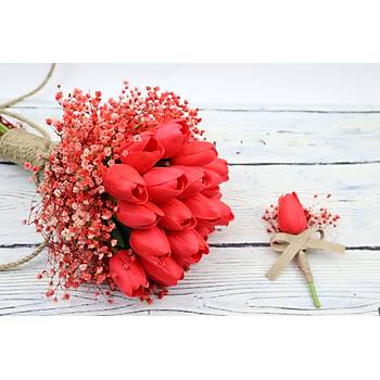Krmz Islak Lale Gelin Buketi ve Damat Yaka nesi