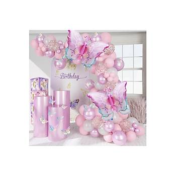 Pembe Beyaz effaf Balon Zinciri Seti Kelebek Folyo Balonlu 101 Para